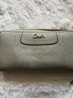Coach Perforated Leather Zip Wallet in Light Olive Green